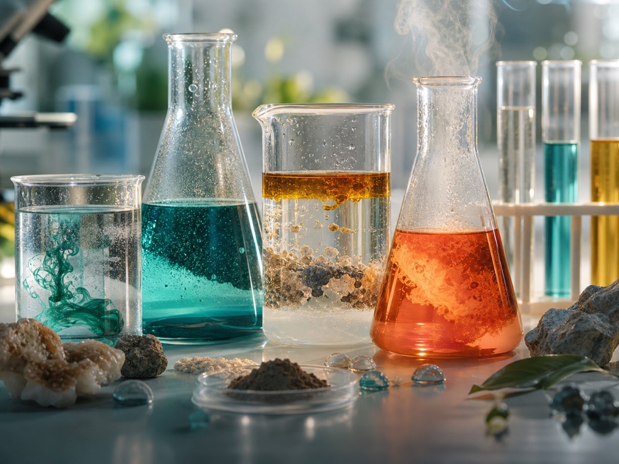 Chemistry lab mixtures with glassware and mineral samples